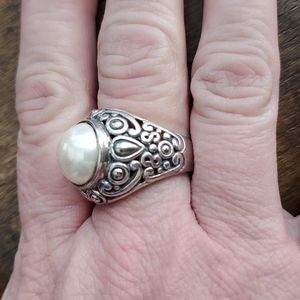 925 Sterling Silver Cultered Pearl Scroll Ring size 7.5